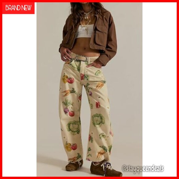 Wide Leg Barrel Jeans Mid Rise Floral Print Denim Sweatpants Y2K - Picture 2 of 7